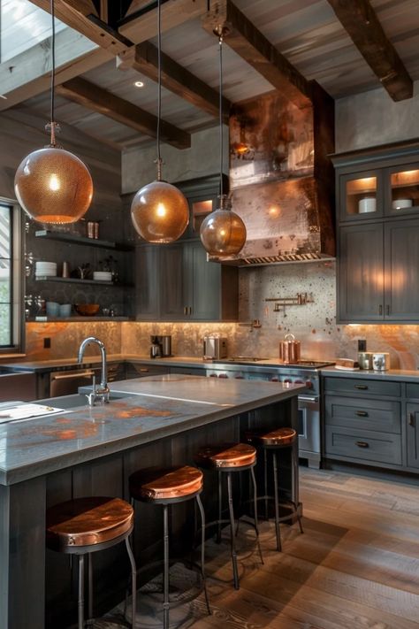 29 Stunning Copper Kitchen Decor Ideas That Will Wow Your Guests Modern Copper Kitchen, Copper Kitchen Accents, Black And Copper Kitchen, Cooper Kitchen, Compound House, Copper Kitchen Decor, Copper Interior, Barn Kitchen, Dream Kitchens Design