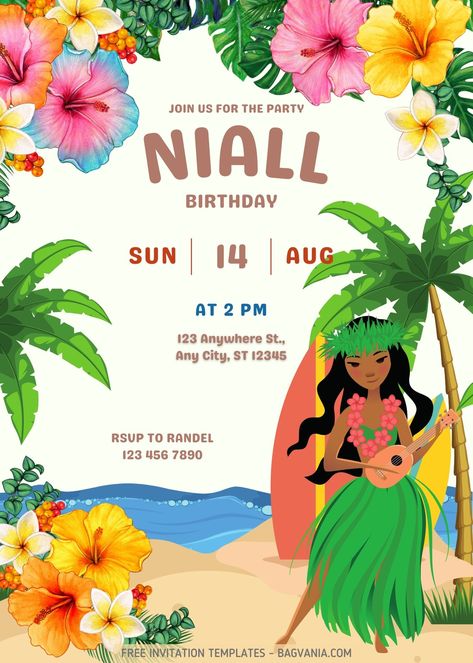 Free FREE Hawaiian Luau Pool Party Invitation Templates #free #freeinvitation2019 #birthday #disney #invitations #invitationtemplates Hawaii Theme Party Invitation, Hawaiian Birthday Invitation Template, Tropical Luau Birthday Party, Hawaiian Invitations Template Free, Hawaii Birthday Invitations, Hawaiian Birthday Party Invitations, Hawaiian Party Invitations Templates, Hawaiian Theme Invitations, Birthday Hawaiian Theme Ideas