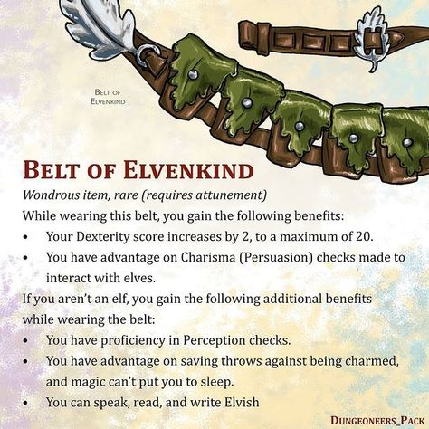 Dungeoneer's Pack | Belt of Elvenkind Match with a cloak and boots for that relaxed woodland look. Follow @dungeoneers_pack for items, tables, and… | Instagram Cursed Items, Dnd Elf, Dnd Magic, Dnd Stats, Dnd Character Sheet, Magic Clothes, Dnd Items, Dungeon Master's Guide, Dungeons And Dragons Art