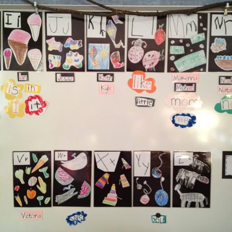 Kid-did alphabet and word wall. @darlamyersclass Student Made Alphabet Wall, Alphabet Wall Kindergarten, Alphabet In Classroom Wall, Preschool Whiteboard, Preschool Alphabet Wall, Kindergarten Alphabet Wall, Classroom Alphabet Display, Classroom Art Display, Word Wall Kindergarten