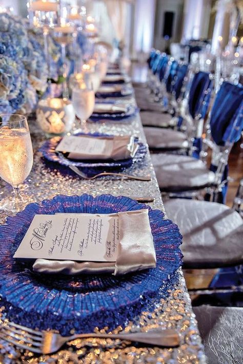 Wedding Reception Seating Arrangement, Silver Wedding Centerpieces, Royal Blue Wedding Theme, Blue And Silver Wedding, Bday Brunch, Blue Wedding Receptions, Silver Wedding Decorations, Winter Wedding Planning, Blue Wedding Decorations