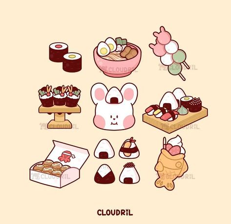 Sushi Drawing, Kawaii Sushi, Food Kawaii, Kawaii Drawing, Food Doodles, Food Artwork, Food Illustration Art, Cute Food Art, Kawaii Doodles