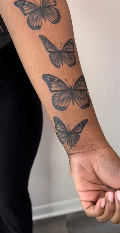 Multiple Butterfly Tattoo Arm, Meaningful Arm Tattoos For Women, Small Inner Arm Tattoos For Women, Cute First Tattoos, Butterfly Tattoo With Name, Big Butterfly Tattoo, Butterfly Tattoo Forearm, Butterfly Tattoo Sleeve, Butterfly Tattoo Arm