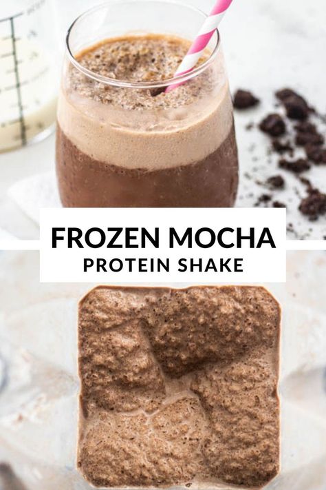 Protein Shake Frappe, Protein Mocha Iced Coffee, Frozen Coffee Protein Shake, Frozen Protein Coffee, Frozen Protein Shake, Mocha Protein Shake, Mocha Shake, Iced Coffee Protein Shake Recipe, Girly Drinks