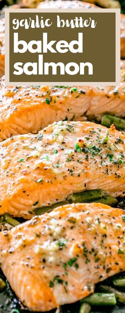 Baked on a sheet pan with your favorite veggies, this easy garlic butter salmon recipe makes tender, flaky salmon brushed with an incredible garlic butter sauce! Salmon Butter Garlic Sauce, Salmon Recipes Baked Garlic Butter, Seasoning Salmon Baked, Garlic Parm Salmon, Southern Baked Salmon, Summer Salmon Recipes Healthy, Best Way To Season Salmon, Baked Salmon With Sauce, Easy Frozen Salmon Recipe