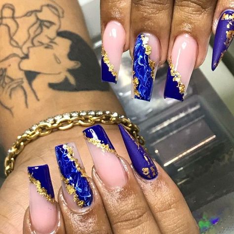 Royal Blue And Rose Gold Nails, Royal Blue Gold Nails, Royal Blue Nails With Rhinestones, Royal Blue Nails With Gold, Blue And Gold Nails Acrylic, Royal Blue And Gold Acrylic Nails, Blue And Gold Acrylic Nails, Blue And Gold Nail Designs, Royal Blue And Gold Nails