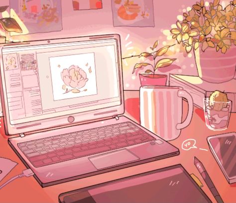 Kawaii Wallpaper Desktop Gif, Asthetic Sceneries Drawing, Desk Drawing Aesthetic, Study Asthetic Picture Wallpaper Laptop, Notion Aesthetic Pictures Pink, Pink Icons Aesthetic Anime, Drawing Tablet Aesthetic, Notion Kawaii, Notion Aesthetic Pictures