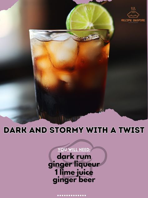 🌩️ Elevate your cocktail game with a Dark and Stormy (with a twist) - perfect for cozy nights in! 🍹 Dark and Stormy (with a twist) Ingredients: - 2 oz dark rum - 1 oz ginger liqueur - 1/2 oz lime juice - 3 oz ginger beer - Lime wedge for garnish Instructions: 1. Fill a glass with ice. 2. Pour in the dark rum, ginger liqueur, and lime juice. 3. Top with ginger beer and stir gently. 4. Garnish with a lime wedge. 5. Enjoy the refreshing twist on a classic! 🍹🌧️ Try this Dark and Stormy variat... Ginger Liqueur, Dark And Stormy, Dark N Stormy, Dark Rum, Lime Wedge, Ginger Beer, Lime Juice, Liqueur, In The Dark