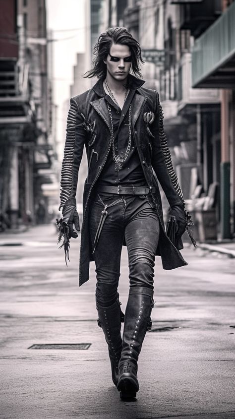 Goth man created with AI by Amanda Church Men's Gothic Clothing, Witch Costumes For Men, Formal Gothic Outfit Men, Fancy Goth Outfits Men, Men Gothic Outfit, Afro Goth Male, Witch Fashion Men, Heavy Metal Fashion Mens, Heavy Metal Outfit Men