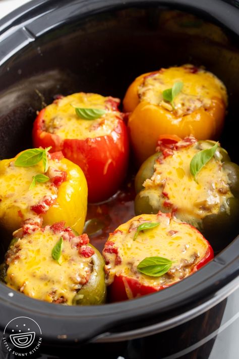 Slow Cooker Stuffed Peppers are an easy, crowd-pleasing dish that makes a delicious Tex-Mex dinner for any busy weeknight. Ground Chicken Stuffed Peppers, Healthy Stuffed Bell Peppers, Stuffed Peppers Beef, Little Sunny Kitchen, Crockpot Stuffed Peppers, Slow Cooker Stuffed Peppers, Sunny Kitchen, Stuffed Pepper, Best Slow Cooker