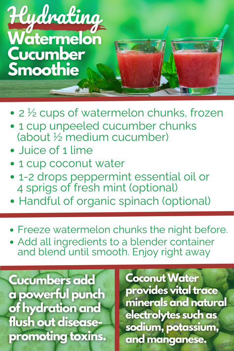 Hot summer days call for cooling, refreshing recipes like this Hydrating Watermelon Cucumber Smoothie. 🍉🥒  The minerals and electrolytes in these ingredients also make this watermelon smoothie with cucumber perfect for a post-workout drink. 💧💪  For more #healthydrink recipes, be sure to check out the link. Recipes For Drinks, Hydrating Smoothie, Refreshing Recipes, Watermelon Smoothie, Cucumber Smoothie, Fruit Vegetable Smoothie, Post Workout Drink, Frozen Watermelon, Cucumber Juice