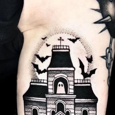 Magnum Tattoo Supplies on Instagram: "Spook-tacular haunted house cover-up by @megferrytattoos!   Created using #magnumtattoosupplies ❤️  #gothictattoo #halloweentattoo #blackworktattoo #dotworktattoo" Mansion Tattoo, Haunted Mansion Tattoo, Haunted House Tattoo, House Tattoo, Monster House, Gothic Tattoo, Home Tattoo, Dot Work Tattoo, Halloween Tattoos