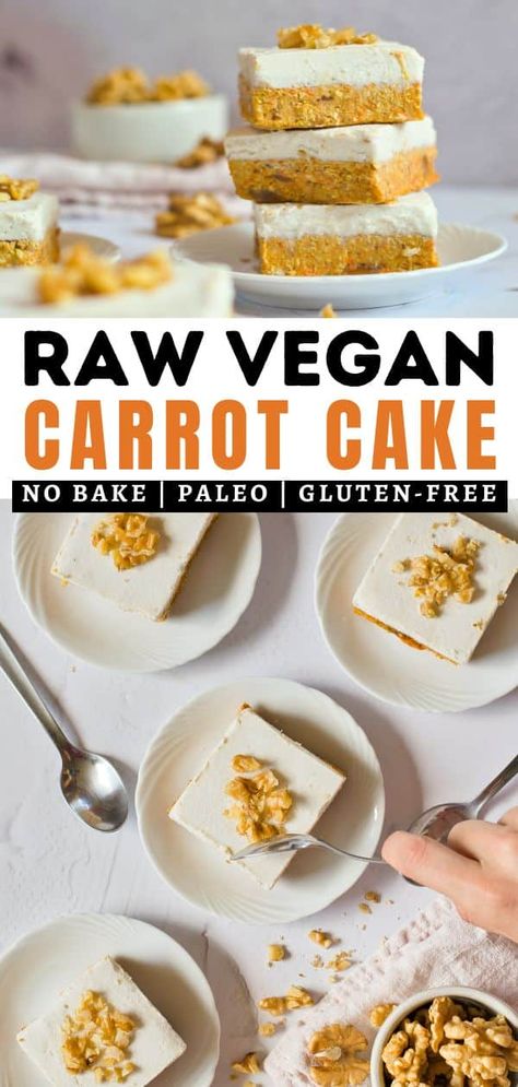 This Easy Raw Vegan Carrot Cake with Vegan Cashew Cream Frosting is so sweet and delicious, you'll love being able to have a delicious healthy carrot cake anytime without turning on the oven! | raw vegan nut free carrot cake | no bake carrot cake bars | no bake carrot cake vegan | raw vegan carrot cake bars | raw carrot cake slice | vegan no bake carrot cake recipe | healthy raw carrot cake | carrot cake no bake bars | no bake carrot cake breakfast bars Raw Vegan Carrot Cake, Carrot Cake Bites, Cashew Frosting, Raw Carrot Cake, Carrot Cake Recipe Healthy, Vegan Carrot Cake Recipe, Carrots Healthy, Eating Veggies, Cake Treats