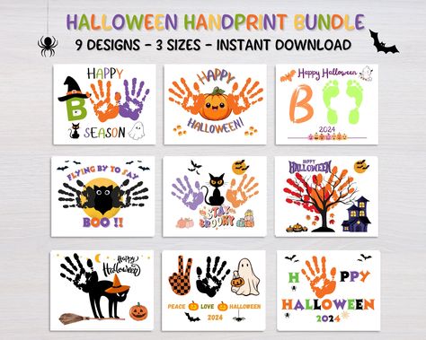 Halloween Handprint Art, Handprint craft, printable bundle. Perfect for daycare or preschool activity celebrating the Halloween Season. This Keepsake Handprint project is a fun preschool craft. These Handprint art  projects are designed to bring creativity to your home, daycare, or craft time.  Bundle includes footprint art too.  Works great as a homeschool craft.  What's Included:  High-Resolution PDF Files: File is design in high-resolution PDF format, ensuring crisp and vibrant prints every t Halloween Toddler Canvas Art, Pre K Handprint Art, Halloween Crafts Handprint, Halloween Hand Print Art, Halloween Handprint Art For Toddlers, Hand Print Halloween Crafts, Halloween Hand And Foot Print Art, October Handprint Art, Halloween Handprint