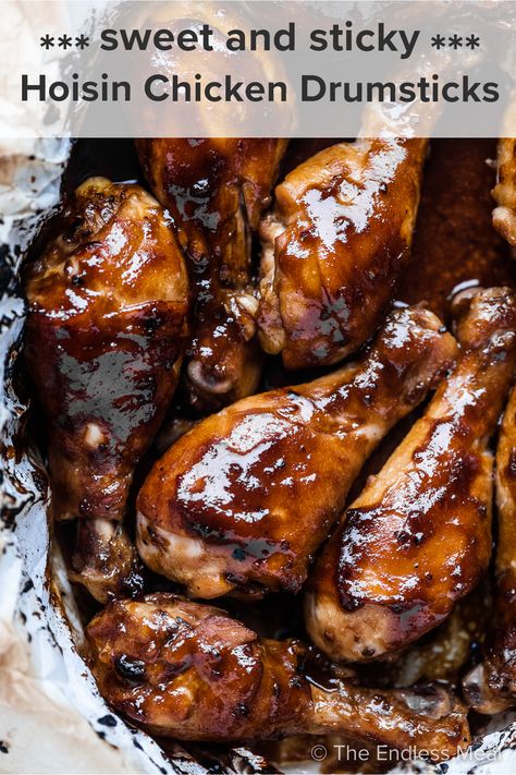 Glazed Hoisin Chicken Drumsticks - The Endless Meal® Japanese Chicken Drumsticks, Drummies Recipes, Hoisin Sauce Chicken, Glazed Chicken Drumsticks, Chicken Lickin, Hoisin Chicken, Baked Chicken Drumsticks, Better Than Takeout, Drumstick Recipes