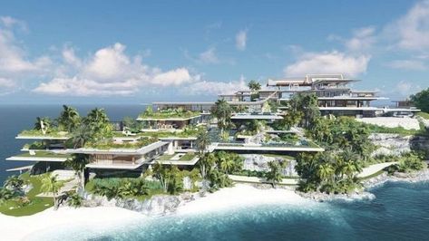 Private Island Mansion, Futuristic Mansion, Tropical Houses Architecture, Island Mansion, Luxury Villa Design, Dream Mansion, Luxury Modern Homes, Tropical Architecture, Green Architecture