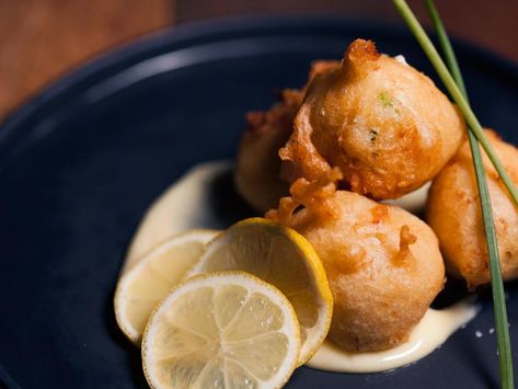 Blue Crab Beignets Recipe | Justin Devillier | Food Network Crab Beignets Recipe, Crawfish Beignets, Crab Beignets, Beignet Recipe, Food Network Chefs, Aioli Recipe, Cream Cheese Eggs, Flaky Salt, Restaurant Dishes