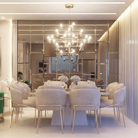 Blanca Alonso | One of my favorite dining room designs! What do you guys think of a mirror wall in the dining area? 😊 Follow @inspirationbyblanca and tag… | Instagram Luxury Living Room Designs, Dining Room Mirror Wall, Living Room Designs Modern Luxury, Luxury Dining Room Decor, Living Room Designs Modern, Dining Room Design Luxury, Dining Area Design, Mirror Decor Living Room, Dining Room Decor Modern