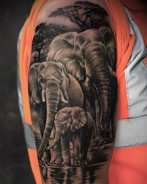 Realistic Elephant Tattoo, Family Sleeve Tattoo, African Sleeve Tattoo, Elephant Thigh Tattoo, Elephant Family Tattoo, Africa Tattoos, Animal Sleeve Tattoo, Lion Tattoo Sleeves, Elephant Tattoo Design