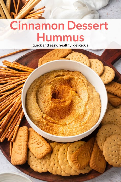 Dessert Hummus is the ultimate healthy sweet treat or dessert. Ready in under 10 minutes, this tasty treat is vegan, dairy-free, gluten-free, and beyond delicious. Serve it up with fresh fruit and graham crackers! Dessert Hummus Healthy, Sweet Hummus Recipe, Sweet Hummus, Peanut Butter Hummus, Dessert Hummus Recipe, Nutritious Desserts, Hummus Recipes, Hummus Recipe Homemade, Healthier Snacks