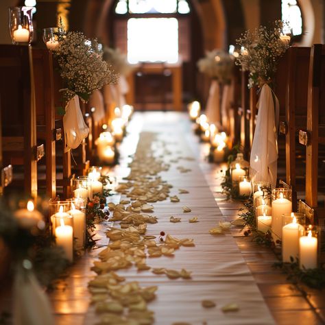 pillar candles and white rose petals line an aisle in a church for a wedding ceremony Beautiful Wedding Aisle, Wedding Aisle Candles, Ceremony Decorations Indoor, Ceremony Decorations Church, Church Aisle Decorations, Candle Light Wedding, Wedding Church Aisle, Aisle Candles, Pillar Candles Wedding