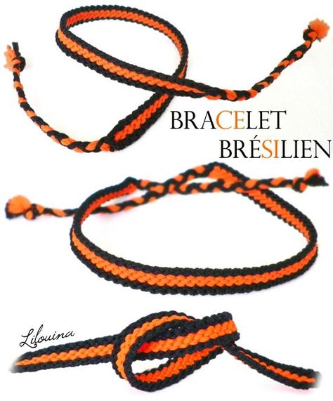 Bracelets brésiliens - TUTOS. Celui -ci : 1,20 m par fil ; 2 noirs, 4 oranges ; 2 noirs. Noeuds endroits pour fils noués de même couleur ; noeud endroit/envers pour fils noués de couleur différente. Les noirs sont toujours prioritaires sur les oranges. Pancakes Muffins, Brazilian Bracelet, Diy Friendship Bracelets Tutorial, Cute Friendship Bracelets, Friendship Bracelets Tutorial, Bracelet Knots, Friendship Bracelets Diy, Bracelets Gold Diamond, Gold Bracelet For Women