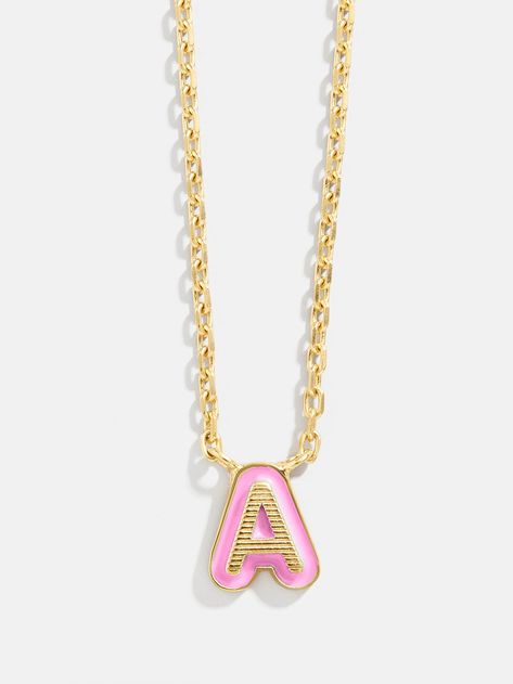 Our 18K Gold Enamel Bubble Initial Necklace gives the classic initial necklace an updated spin. A tiny gold letter of your choice sits on a bright enamel background, providing a pop of color in every stack. Available in A-Z and nine different colors, you're sure to find the perfect piece for you. Even better? This piece is crafted with 18K gold plated sterling silver, ensuring you'll be able to wear it for a lifetime. Gold Initials Necklaces As Gifts, Gold Initials Necklace For Gifts, Gold Charm Necklaces With Initials, Baublebar Initial Necklace, Bubble Initial Necklace, Preppy Accessories, Early Black Friday, Preppy Jewelry, Preppy Stuff