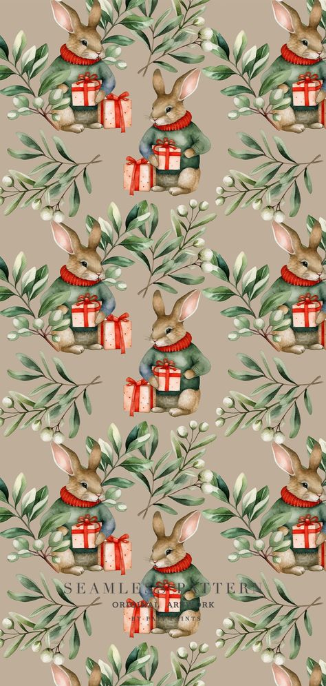 Christmas Bunny Watercolor Seamless Pattern - Winter Nursery Wallpaper - Digital Paper Set for Kids Bunny Christmas Wallpaper, Christmas Bunny Wallpaper, Winter Nursery, Christmas Background Iphone, Bunny Watercolor, Christmas Bunny, Bunny Wallpaper, Nursery Wallpaper, Cute Wallpaper Backgrounds