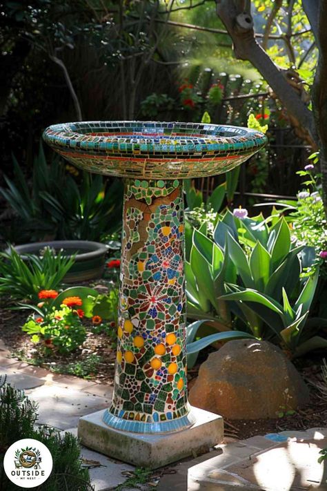 Let art and nature converge with a pedestal mosaic bird bath, where intricate designs dazzle. Tap to see how it becomes a garden centerpiece! Bird Baths, Bird Bath Ideas, Mosaic Projects Bird Baths, Mosaic Bird Bath, Bird Bath Mosaic Ideas, Copper Bowl Bird Bath, Unique Bird Baths, Natural Stone Bird Bath, Hand Made Bird Bath