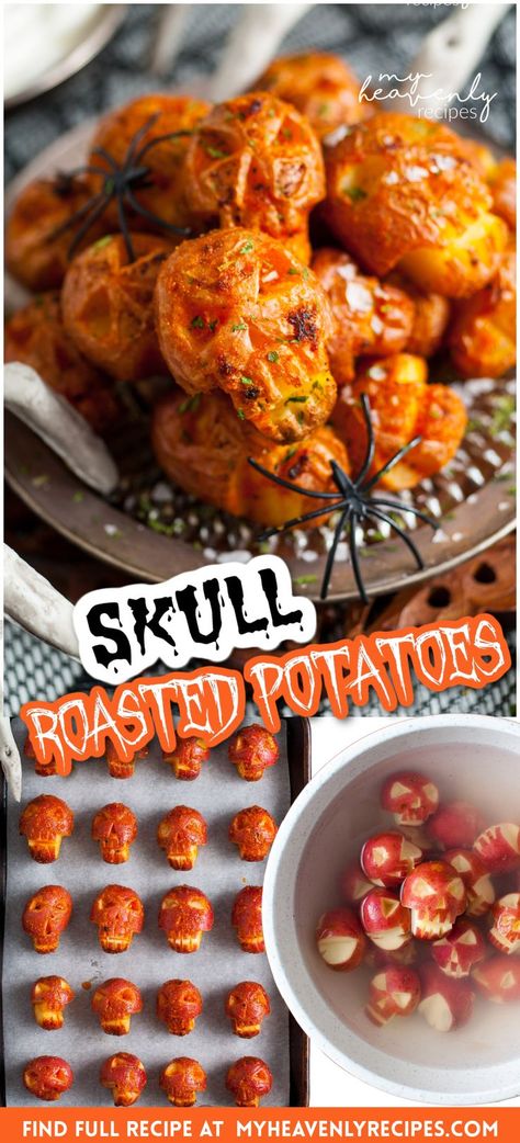 Skull Roasted Potatoes- fun easy halloween dinner side dish for the family and kids! Red roasted potatoes recipe for a spooky meal. Fun easy potatos that look like skulls. Creepy! Fall Recipes With Potatoes, Halloween Potatoes Ideas, Halloween Roasted Veggies, Halloween Sweet Potato, Spider Devilled Eggs, Halloween Skull Potatoes, Potluck Recipes Halloween, Halloween Baked Potatoes, Deadpool Food Ideas