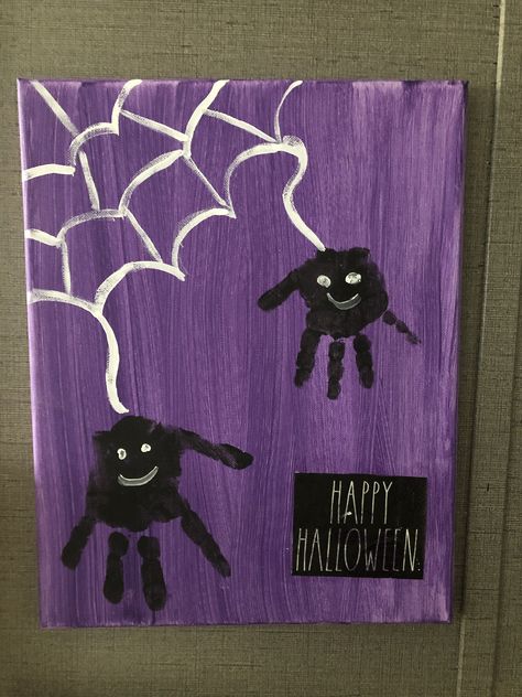 Halloween Paintings On Canvas For Kids, Halloween Paintings On Canvas Easy Kids, Halloween Canvas Paintings For Kids, Halloween Handprint Art For Toddlers, Paint Spider Web, Toddler Painting Activities, Halloween Handprint Art, Pumpkin Canvas Painting, Halloween Handprint