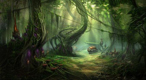 Alien Jungle by MeckanicalMind on DeviantArt Environment Painting, Art Alien, Conceptual Drawing, Bg Design, Landscape Concept, Alien Planet, Fantasy Forest, Alien Worlds, Fantasy Setting