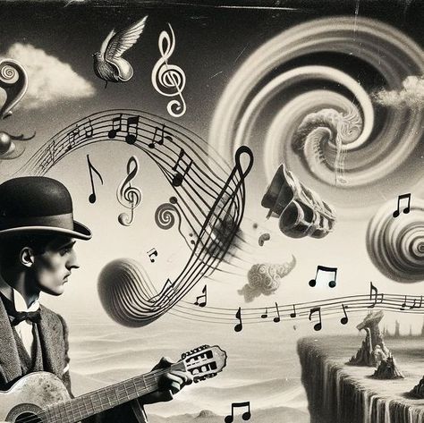 Aerovize on Instagram: "🎼 Strumming through the surreal, where every note paints a dream. In the symphony of imagination, music is the bridge between the worlds. 🎸#music #guitar #lofi #vintage #inspiring #lofiedits #lofimusic #lofibeats #surreal #surrealism" Surreal Music Art, Surrealism Illustration Dreams, Music Surrealism, Music Representation Art, Surrealism Painting Dreams, Ambient Music Artwork, Trippy Music Notes, Surreal Art Painting, Music Room Art