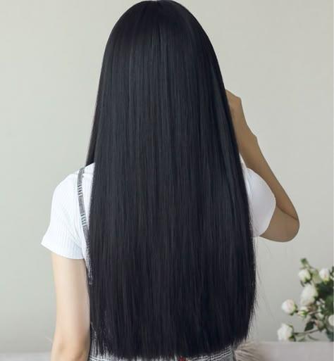 Black Straight Hair, Long Straight Black Hair, One Length Hair, Black Hair Aesthetic, Long Straight Wig, Straight Black Hair, Black Hair Clips, Long Silky Hair, Long Black Hair