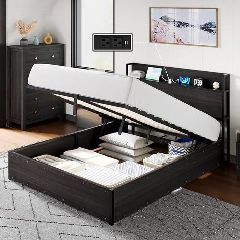 Amazon.com: AMERLIFE Queen Size Lift Up Storage Bed Frame, Wooden Platform Bed Frame with Lifting Storage & Charging Station, No Spring Box Needed/Noise Free, Rustic Grey : Home & Kitchen Wooden Platform Bed Frame, Bed Frame Wooden, Lift Up Storage Bed, Lift Up Bed, Lift Storage Bed, Storage Bed Frame, Wooden Platform Bed, Work Space Decor, Bed Frame With Storage