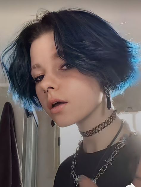 Short Wolfcut Girl Hair 360, Hot Non Binary People, Cool Dyed Hair Ideas Short, Short Non Binary Haircuts, Alternative Hair Short, Short Hair Styles For 2023, Short Wavy Haircut, Blue Hair Short, Blue Short Hair