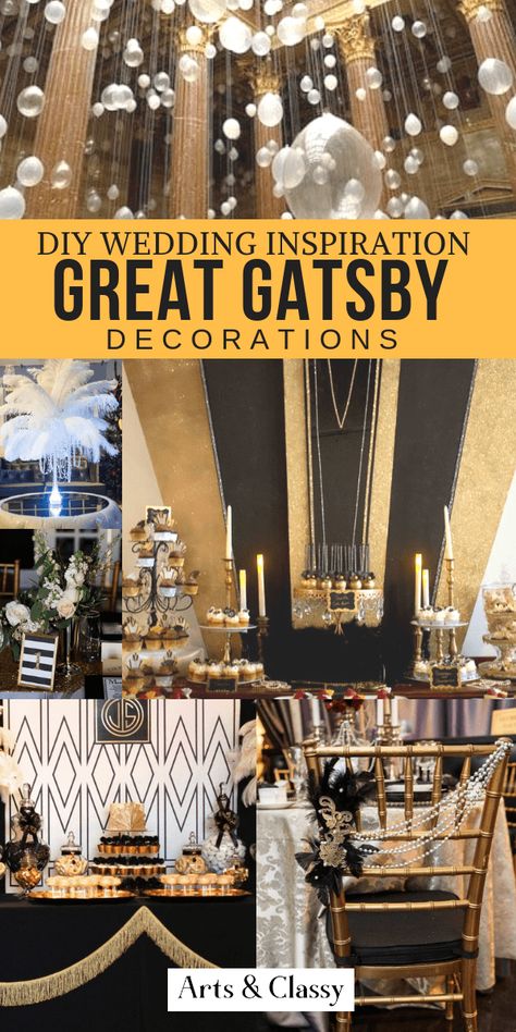 DIY Wedding Great Gatsby Decor Ideas + Inspiration | Arts and Classy Great Gatsby Decor, Great Gatsby Decorations, Gatsby Wedding Decorations, Gatsby Decor, Gatsby Decorations, Speakeasy Wedding, Gatsby Gala, Gatsby Party Decorations, Gatsby Wedding Theme