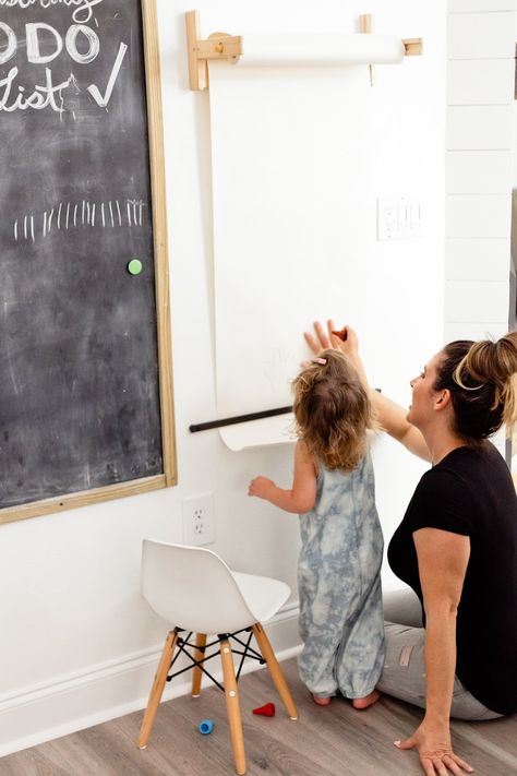 DIY coloring wall with hanging paper roll and magnetic chalkboard for kids and hours of entertainment! A family friendly on wall craft idea by popular Florida lifestyle blogger Tabitha Blue of Fresh Mommy Blog. Ikea Paper Roll On Wall Kids, Roll Of Paper On Wall, Craft Paper Roll On Wall, Ikea Paper Roll On Wall, Paper Roll On Wall, Chalkboard Design Ideas, Ikea Rooms, Trofast Playroom, Chalkboard Wall Playroom