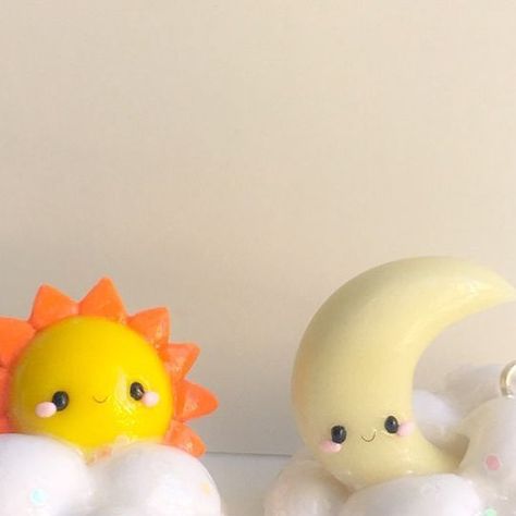 @coccocharms on Instagram: "✨Cloud Charms✨

I loved the clouds from my Little Twin Stars figurine so much I decided to make more! This time I added a sun and a moon and I’m really pleased with the way they turned out. When I finally set up my etsy shop (either end of July/ beginning of August), these will be up for sale! I’m thinking of adding a ribbons through the eye pins so they can be used as ornaments or something, but I’m not sure that’ll work 😅 What do you guys think I should turn them into? .
.
.
#clay #claycharm #claycharms #polymerclay #polymerclaycharm #polymerclaycharms #handmade #handmadewithlove #art #artist #artistsoninstagram #craftersofinstagram #craft #crafts #crafting #crafter #crafters #sculpey #premo #fimo  #sculpture #kawaii #cute #miniature  #adorable #diy #summer # Clay Star Tutorial, Sun And Moon Clay Art, Polymer Clay Sun, Polymer Clay Cloud, Sun Sculpture Clay, Fimo Sculpture, Boho Art Painting, Orange Moon, Cute Miniature