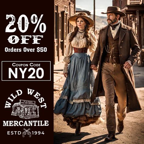 Hurry on Over! This Sale Ends Tomorrow!⌛ https://www.wwmerc.com/cgi-bin/Category.cgi?category=sale&utm_campaign=ny20FB&utm_medium=social&utm_source=Pinterest #wildwestmercantile #westernwear #westernstore #shopmesa #reenactments #reenactors #oldweststyle #westernstyle #stylesofthewildwest #cowboyactionshooting #singleactionshootingsociety #oldwestreenactment Cowboy Fancy Dress, Cowboy Dress Outfit Men, Wild Wild West Theme Party Outfit, Western Costume Women, Wild West Aesthetic Outfit, Old Western Outfits Women, Wild West Clothing, Cowboy Cosplay, Wild West Saloon