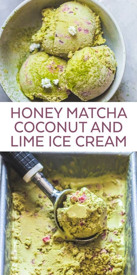 You love matcha, but have you tried Matcha ICE CREAM? This healthy Honey Matcha Coconut and Lime Ice Cream is dairy free and the perfect homemade dessert for summer! Easy to make - just make in your ice cream machine! #matcha #matchaicecream #limeicecream #coconut #honey #honeyicecream Honey Recipes Dessert, Matcha Cakes, Weird Recipes, Matcha Dessert Recipes, Matcha Shop, Dessert For Summer, Lime Ice Cream, Honey Dessert, Matcha Coconut