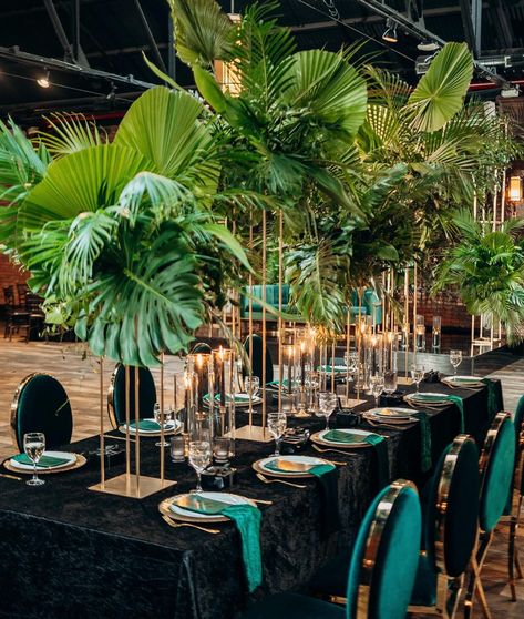 African Gala Decor, Rainforest Quinceanera Theme, Jungle Theme Event, Green Gold And Black Wedding, Black Tropical Wedding, Jungle Theme Wedding, Engagement Lunch, Green Tropical Wedding, Tropical Glam Wedding