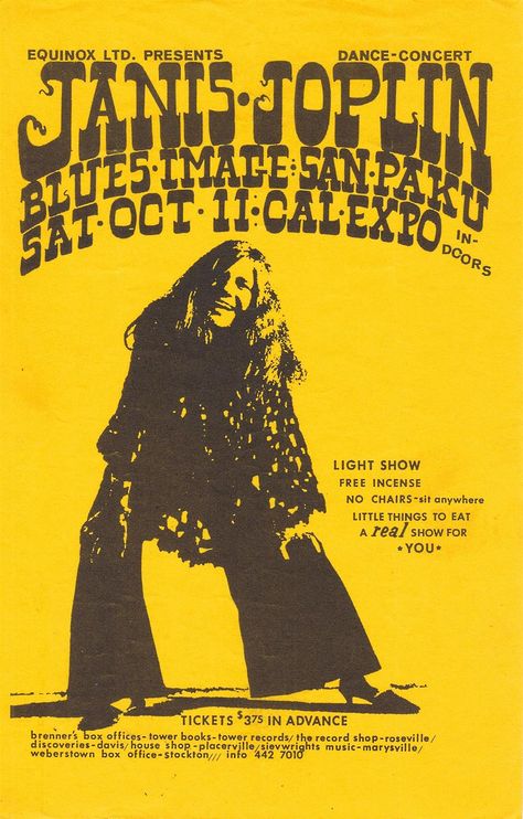 Concert handbill for Janis Joplin and the Kozmic Blues Band at the Cal-Expo Events Building in Sacramento, California on October 11, 1969. Book Tower, Concert Lights, Rock Poster Art, Rock & Roll, Vintage Concert Posters, Music Concert Posters, Vintage Music Posters, Band Poster, Music Flyer