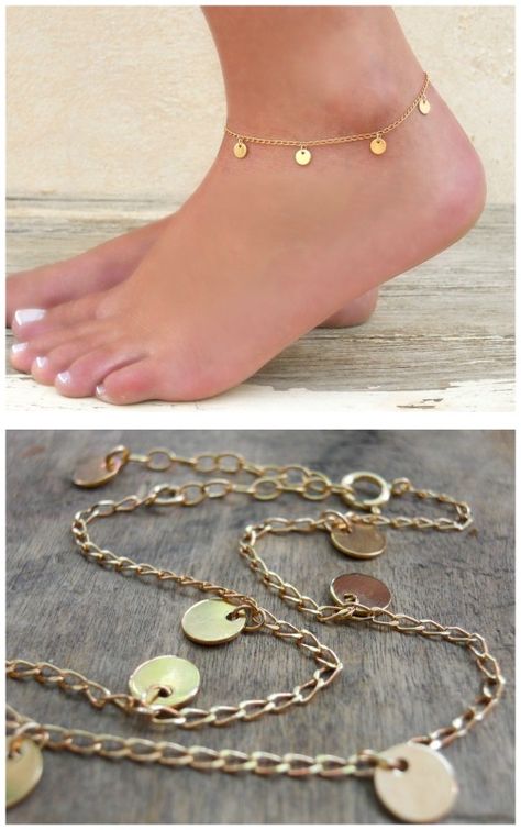 Dainty gold or silver coin anklet. Coin Anklet, Jewellery Summer, Anklet Silver, Cheap Diamond Rings, Anklet Gold, Silver Ankle Bracelet, Anklet Designs, Silver Anklet, Anklets Boho