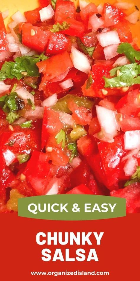 This Easy Chunky Salsa Recipe comes together in minutes with fresh ingredients. Great as a side dish for Mexican recipes or as a dip with corn chips. Homemade Chunky Salsa Recipe, Thick Salsa Recipe, Chunky Salsa Recipe For Canning, Best Chunky Salsa Recipe, Fresh Chunky Salsa Recipe, Easy Chunky Salsa Recipe, Thick And Chunky Salsa Recipe, Homemade Chunky Salsa, Mild Salsa Recipe