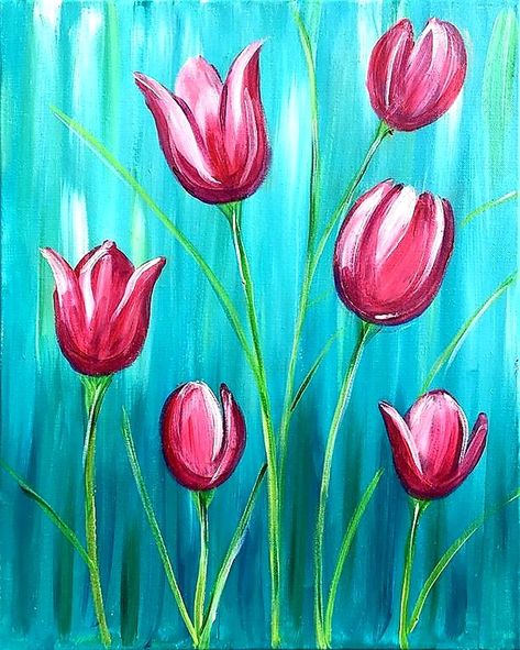 Acrylic Painting For Kids, Nagomi Art, Acrylic Flower Painting, Easter Paintings, Black Canvas Paintings, Tulip Painting, Tulips Art, Watercolor Tulips, Paint Nite