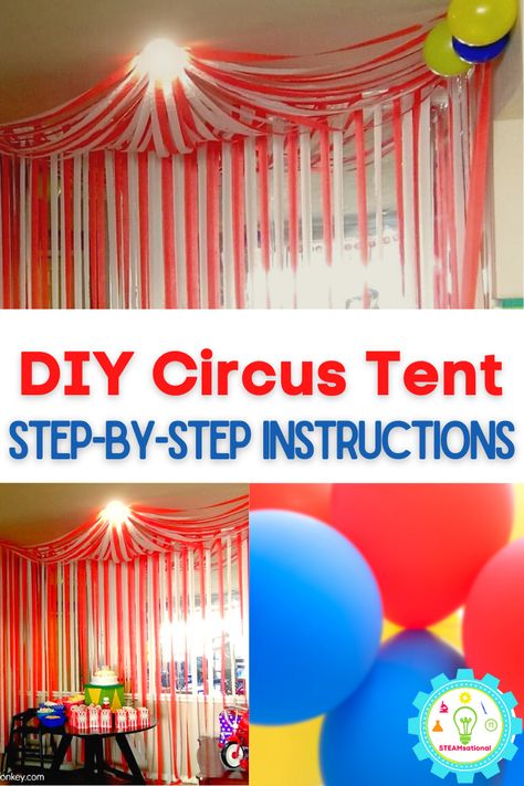 How To Make A Circus Tent Diy, Circus Theme Party Activities, Streamer Circus Tent, Circus Tent Diy Plastic Tablecloth, Diy Carnival Tent Big Top, Carnival Party Balloons, Carnival Tent Diy Plastic Tablecloth, Carnival Big Top Diy, Carnival Room Decor