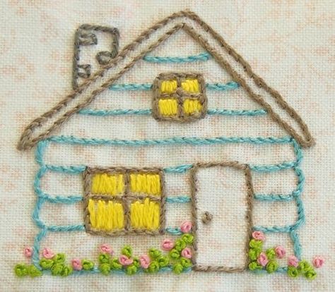 Hand Embroidery House Design, House Hand Embroidery, House Embroidery Pattern Simple, House Embroidery Design, Embroidery House Pattern, House Embroidery Pattern, Embroidered House, Simple Cabin, Embroidery Stitches Flowers