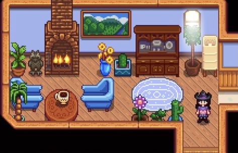 Cute Stardew Valley House, Stardew Valley House Interior First Upgrade, Stardew House Interior Ideas, Star Dew Valley House, House Ideas Stardew Valley, Stardew Valley Farm Interior, Stardew House Decor, Stardew Valley Bedroom Ideas, Stardew Valley House Interior Vanilla