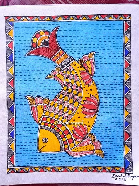 Madhubani fish on canvas paper Madhubani Painting Fish Design, Kalamkari Art Easy, Madhubani Fish Design, Madhubani Fish Paintings, Madhubani Art Fish, Fish Madhubani Painting, Traditional Madhubani Art, Madhubani Drawing, Madhubani Fish